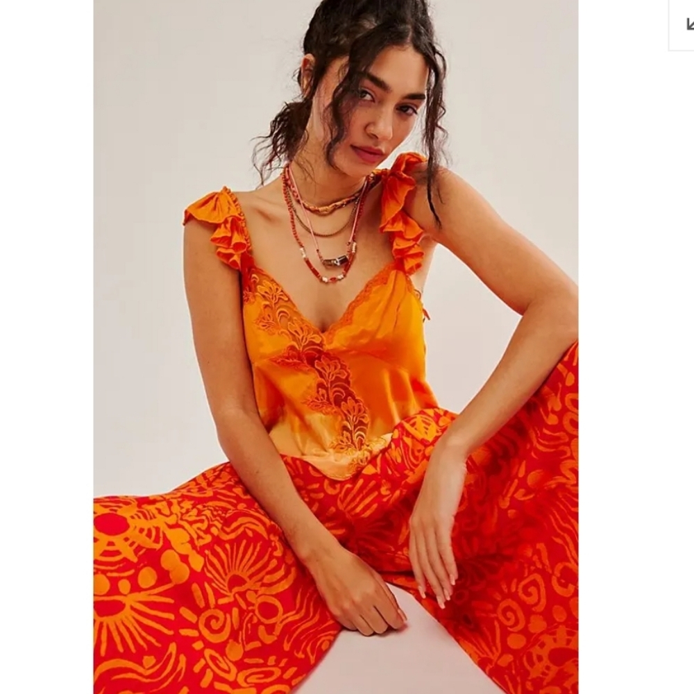 FREE PEOPLE Harmony Boho Angel Camisole Mesh Lace Insert Sunrise Orange S NWT